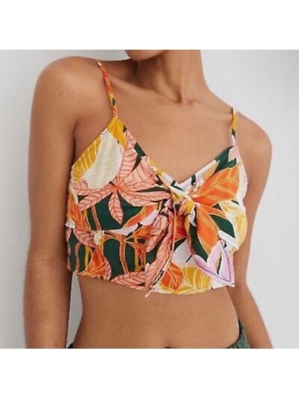 Aerie Tropical Tie Front Crop Cami Green Orange Pink XS